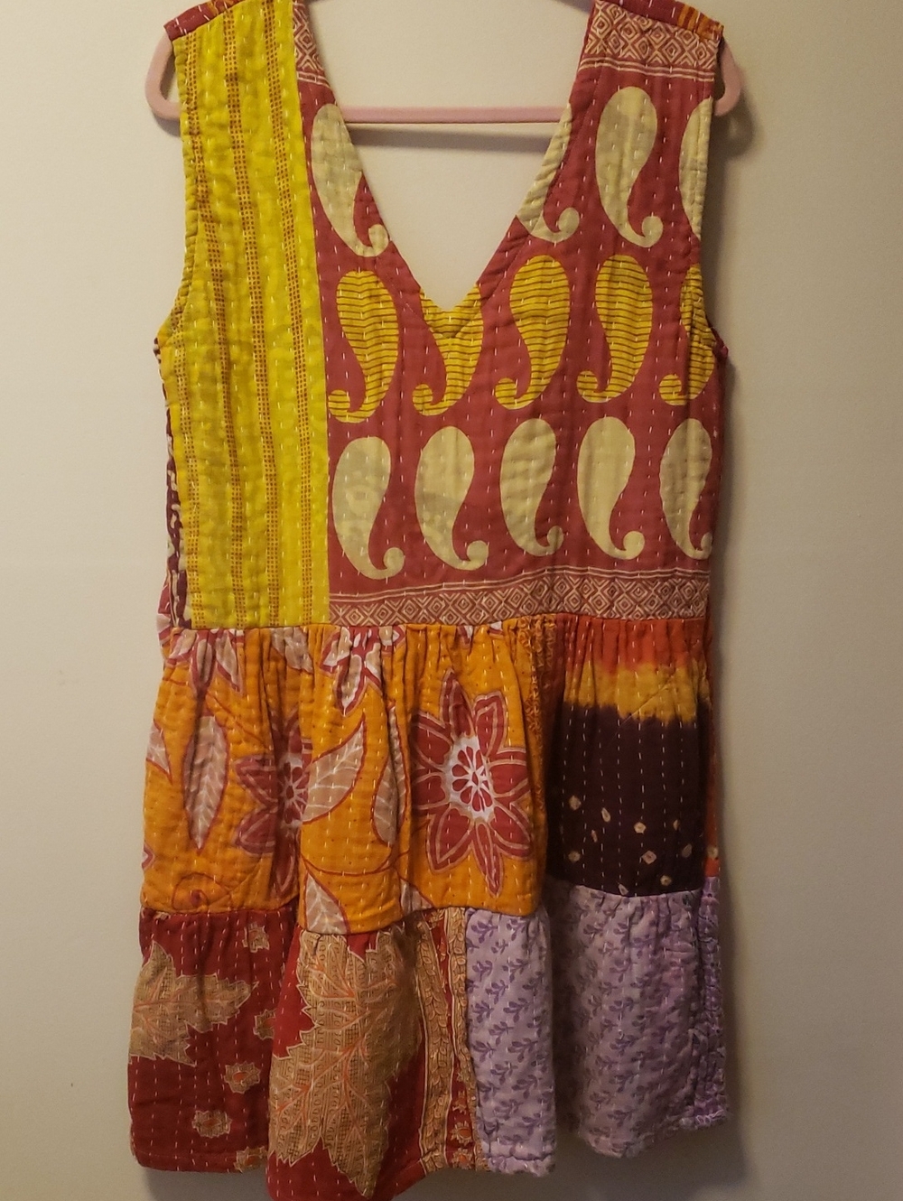 Patchwork V-Neck Mini Dress in Yellow, Orange & Maroon Vintage Cotton Kantha